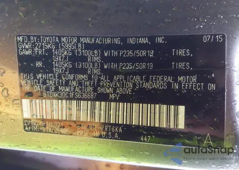 2015 Toyota Sienna Se 8 Passenger из США, поврежденный, VIN 5TDXK3DC1FS636687